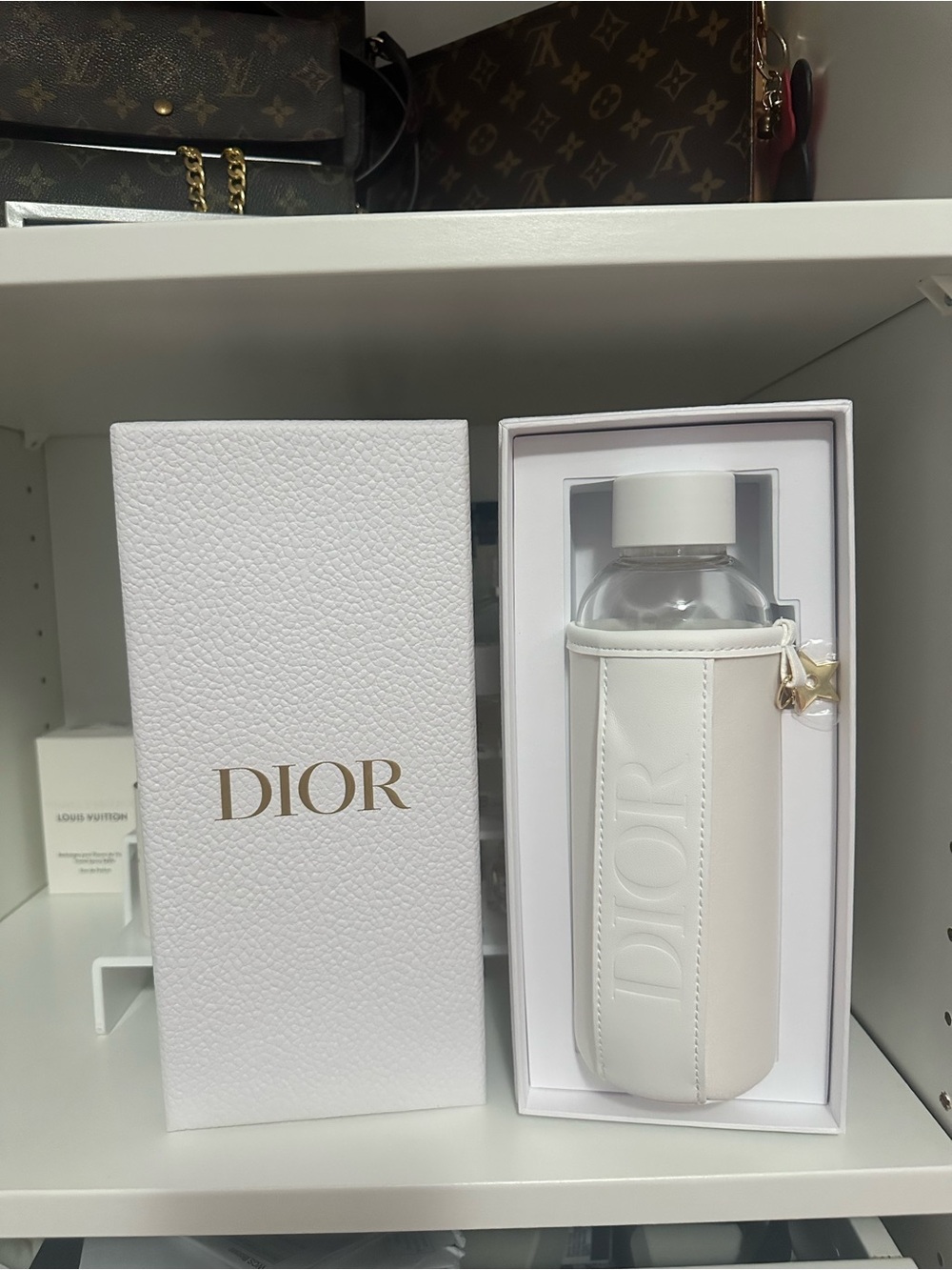Dior White Leather-Sleeve Water Bottle with Star Charm